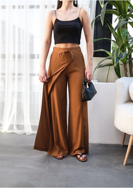 Ipeksi Keten Önü Çapraz Parçali Lasti̇kli̇ ve Bağcikli Geni̇ş Paça Pantolon modelleri