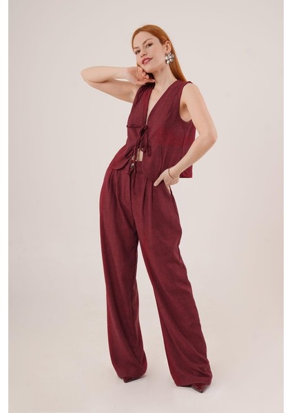 Ipeksi Ön Bağlama Detaylı Yelek ve Pantolon Bordo Ikili Takım