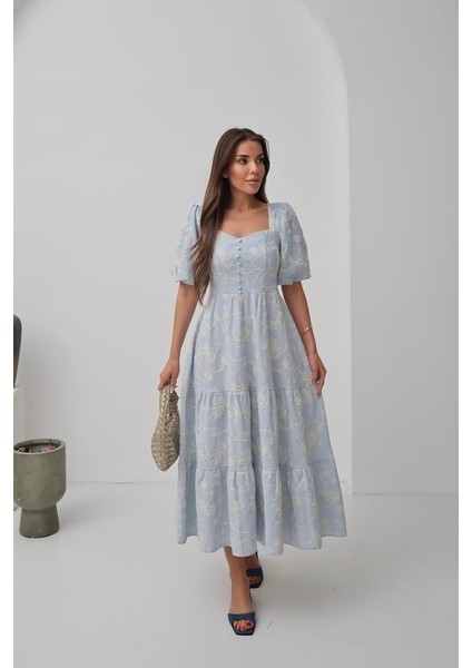 Ipeksi Bebe Mavi Süs Düğmeli Balon Kollu Elbise