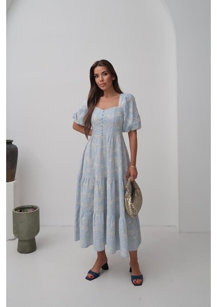 Ipeksi Bebe Mavi Süs Düğmeli Balon Kollu Elbise modelleri