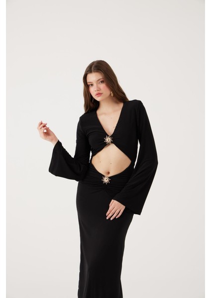 V Yaka Aksesuarlı Uzun Sunlit Elbise Siyah fırsatları