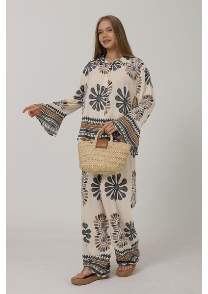 Ipeksi Desenli Kolları Volanlı Pantolon Takım - Antrasit fiyatları