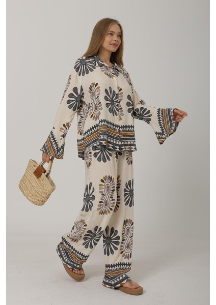 Ipeksi Desenli Kolları Volanlı Pantolon Takım - Antrasit fırsatları