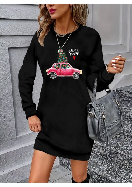 Ipeksi Kadın Uzun Kollu Bisiklet Yaka Desenli Viskon Iki Iplik Elbise