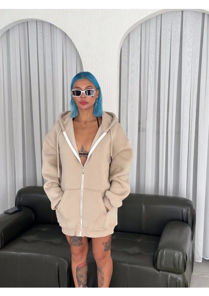 Ipeksi Oversize Tam Fermuarlı Uzun Kol Hırka - Bej modelleri