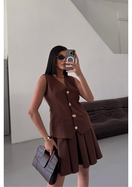 Ipeksi Yelek - Pileli Etek Görünümlü Elbise - Kahverengi fiyatları