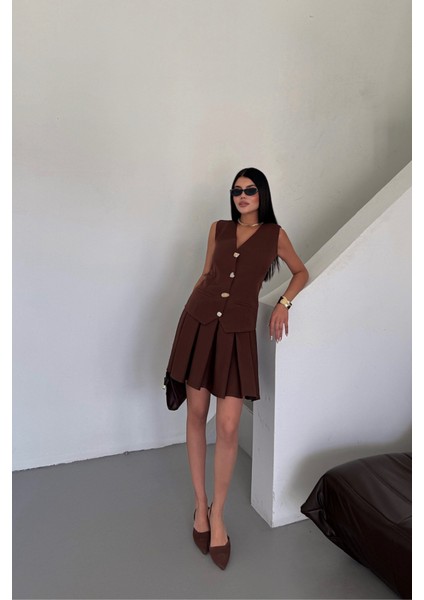 Ipeksi Yelek - Pileli Etek Görünümlü Elbise - Kahverengi modelleri