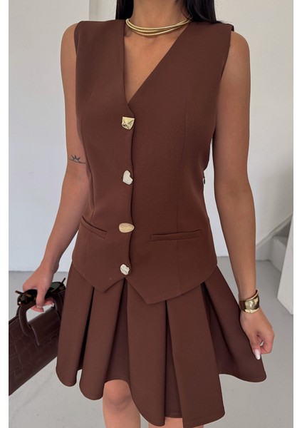 Ipeksi Yelek - Pileli Etek Görünümlü Elbise - Kahverengi fırsatları