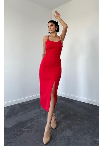 Ipeksi Kırmızı Sırt Dekolteli Elbise