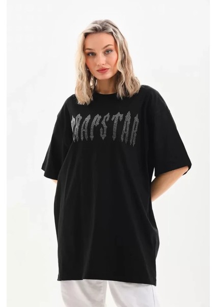 Ipeksi Unisex Taş Desenli Oversize T-Shirt - Siyah