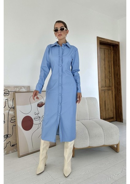Ipeksi Mavi Boydan Düğmeli Deri Elbise