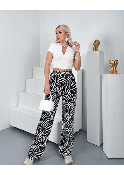 Ipeksi Kadın Desenli Dokuma Viskon Kumaş Cepli Bol Paça Pantolon