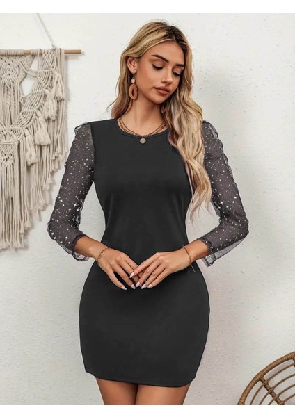 Ipeksi Kadın Bisiklet Yaka Kol Tül Detay Dalgıç Mini Boy Elbise