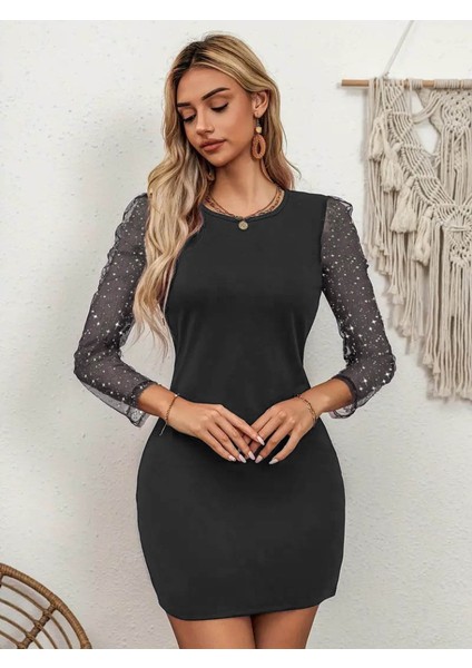 Ipeksi Kadın Bisiklet Yaka Kol Tül Detay Dalgıç Mini Boy Elbise