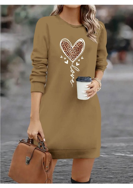 Ipeksi Kadın Uzun Kollu Bisiklet Yaka Kalp Desenli Kısa Viskon Elbise