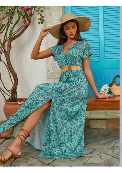 Ipeksi Kadın Kısa Kollu V Yaka Etnik Desenli Yırtmaç Detay Süprem Elbise (Kemersiz) indirimleri