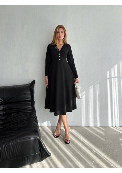 Ipeksi Kadın Krep Kumaş Düğme Detaylı V Yaka Uzun Kollu Midi Boy Elbise fırsatları