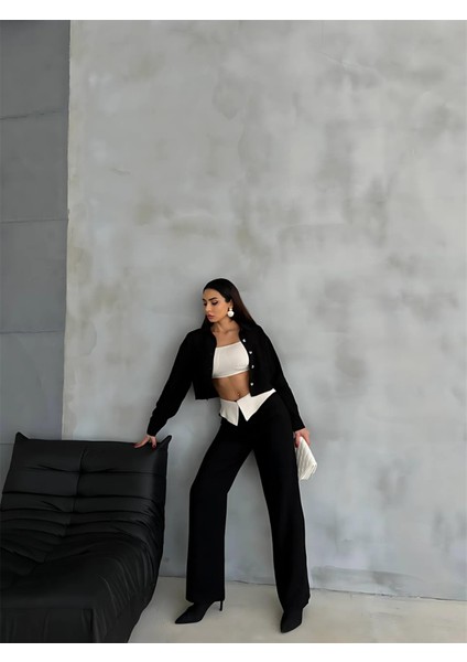 Ipeksi Keten Gömlek-Crop-Salaş Pantolon Takım - Siyah