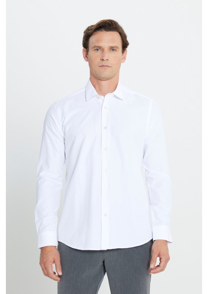 AC&Co / Altınyıldız Classics Erkek Beyaz Ütülemesi Kolay Slim Fit Dar Kesim Klasik Yaka Pamuklu Gömlek