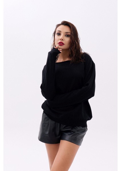 Ipeksi 4216 Triko Düz Salaş Kazak-Siyah