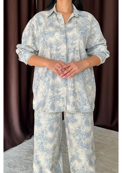 Ipeksi Mavi Leopar Desenli Ceket ve Pantolon Keten Takım modelleri