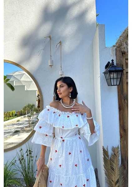 Ipeksi Kırmızı Omuzları Lastikli Brode Elbise fiyatları