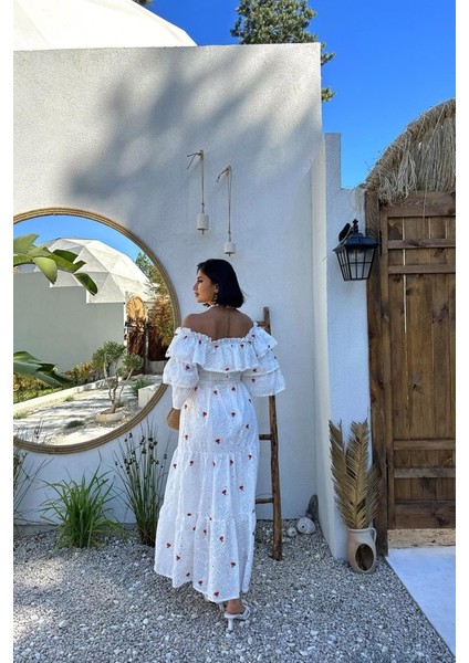 Ipeksi Kırmızı Omuzları Lastikli Brode Elbise modelleri