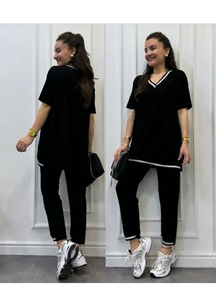Ipeksi Kadın Kısa Kollu V Yakalı Iki Iplik Bluz ve Pantolon Ikili Takım