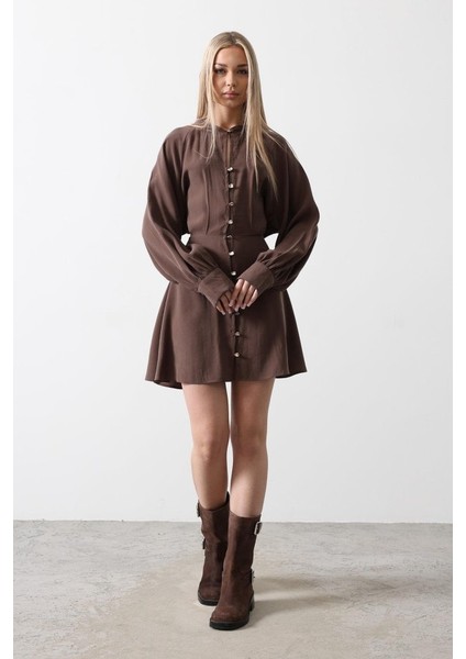 Ipeksi Gold Rengi Düğme Detaylı Elbise - Kahve indirimleri