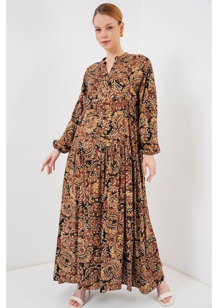 2423 Otantik Desenli Tesettür Elbise - Camel fiyatları