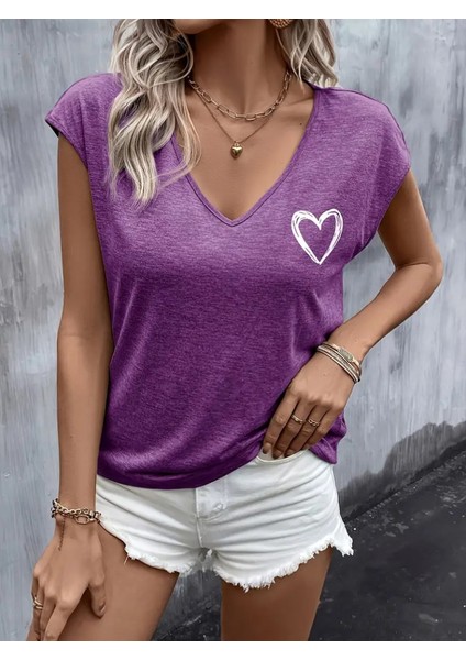 Ipeksi Kadın Kısa Kollu V Yakalı Kalp Baskılı Viskon Bluz