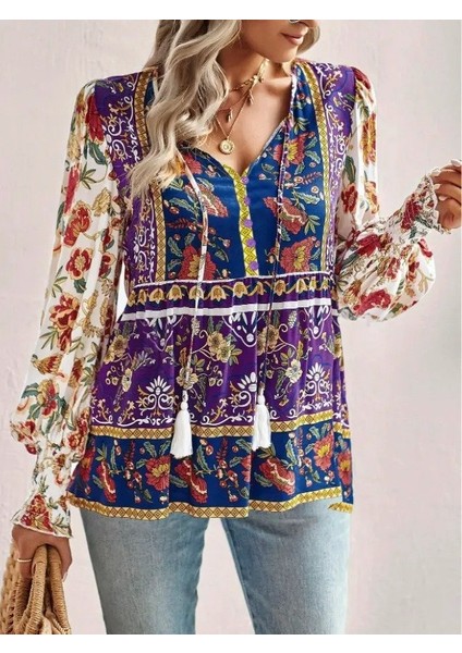 Ipeksi Kadın Uzun Kollu Yakası Açık Bağcıklı Çiçek Desenli Salaş Bluz