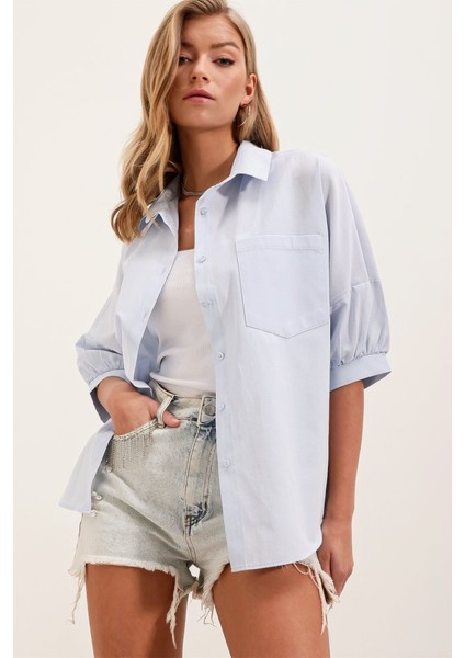 Ipeksi 20213 Oversize Kısa Kol Basic Gömlek - Bebe Mavi