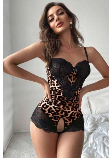 Siyah Dantel ve Leopar Desenli Şık Tasarım Babydoll Gecelik 66080 fiyatları