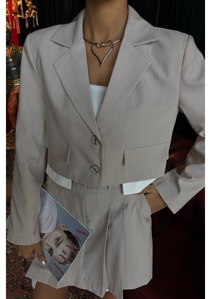 Ipeksi Crop Ceketli ve Pile Etekli Garnili Takım 10111 modelleri