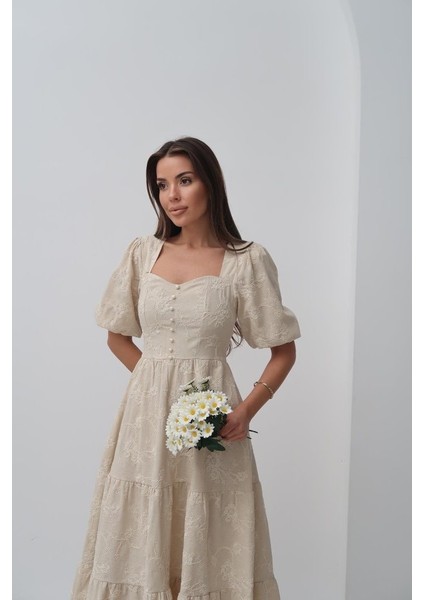 Ipeksi Bej Süs Düğmeli Balon Kollu Elbise fırsatları