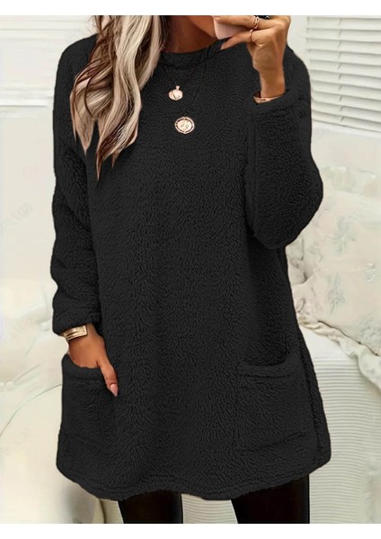 Ipeksi Kadın Uzun Kollu Yuvarlak Yakalı Cepli Peluş Bluz modelleri