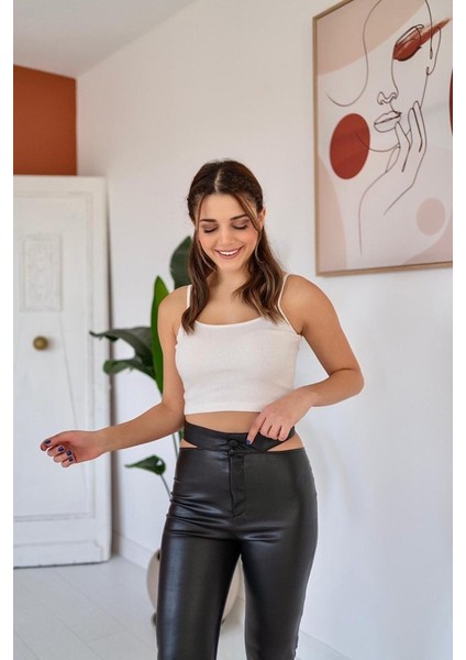 Ipeksi Siyah Bel Detaylı Deri Pantolon modelleri