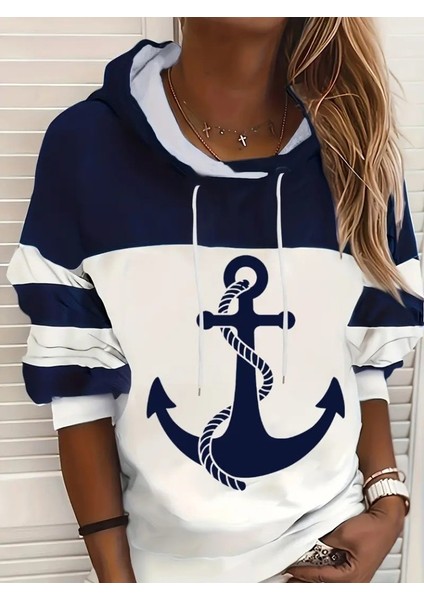 Ipeksi Kadın Uzun Kollu Kapşonlu Çıpa Desenli Şardonlu Dalgıç Bluz indirimleri