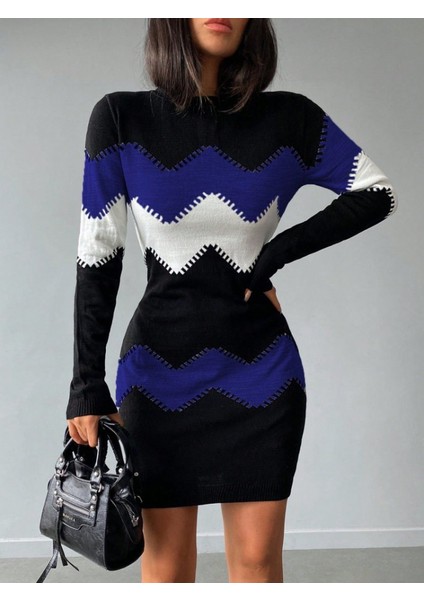 Ipeksi Kadın Uzun Kollu Zigzag Desen Triko Elbise