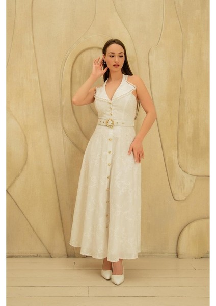 Ipeksi Beyaz Inci Kemer Detaylı Dantelli Elbise fiyatları