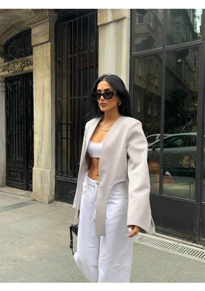 Ipeksi Crop Ceket Bağlama Kuyruklu - Gri