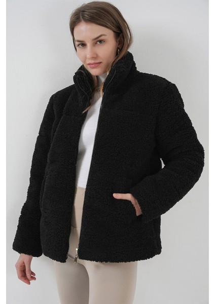 Ipeksi 5178 Astarlı Peluş Mont - Siyah