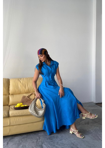 Ipeksi Jakarlı Keten Elbise Önden Yırtmaçlı Cepli - Saks