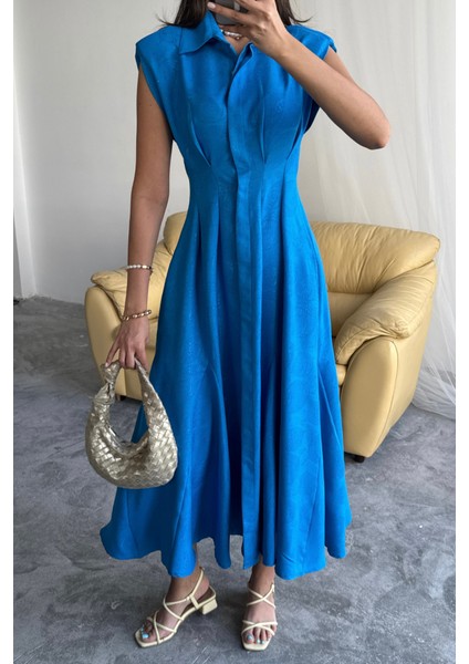 Ipeksi Jakarlı Keten Elbise Önden Yırtmaçlı Cepli - Saks modelleri