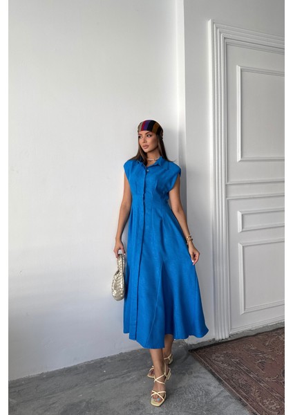 Ipeksi Jakarlı Keten Elbise Önden Yırtmaçlı Cepli - Saks fırsatları