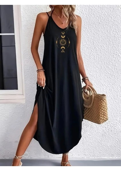 Ipeksi Kadın Askılı V Yakalı Desenli Uzun Viskon Elbise fırsatları