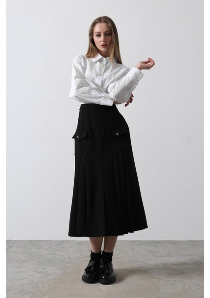 Ipeksi Pileli Kontrast Gömlek Elbise - Beyaz