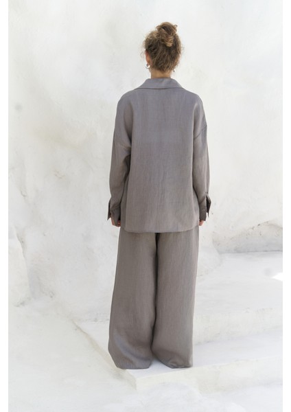 Jelsomina Oversize Füme Keten Gömlek Pantolon Takım indirimleri