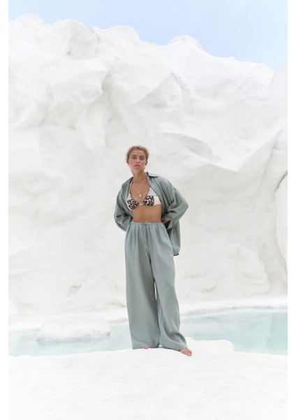Jelsomina Oversize Mint Keten Gömlek Pantolon Takım